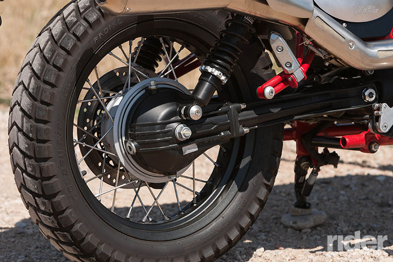 Wire-spoke wheels with semi-knobby rubber and a low-maintenance shaft drive give the Stornello dirt-worthy chops.