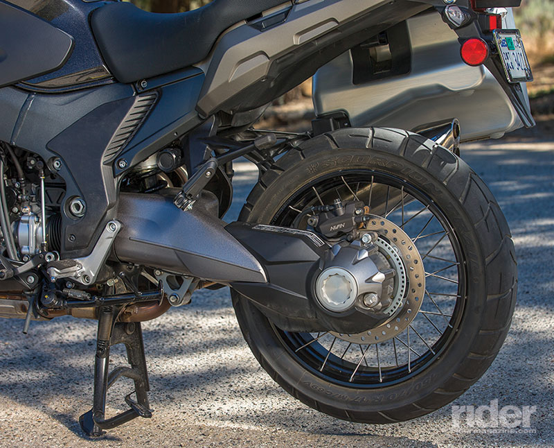 The drive shaft is housed within an aluminum single-sided swingarm. 
