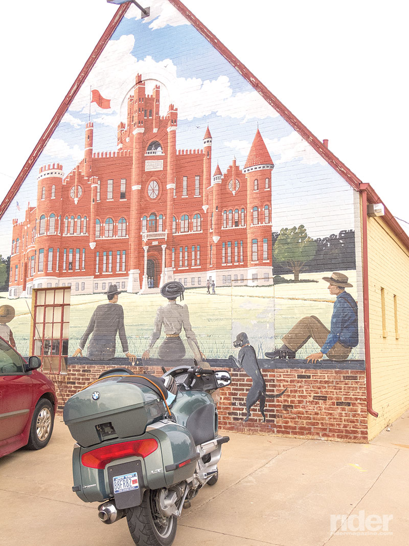 Numerous murals grace buildings in Alva, Oklahoma, this one honoring the town’s former Northwestern Oklahoma State University campus, modeled after a Norman castle, which burned down in 1935.
