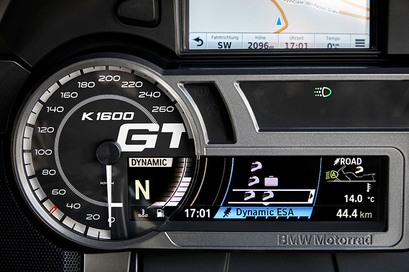 The K 1600 GT's restyled instrument panel features a prominent model logo on the speedometer.