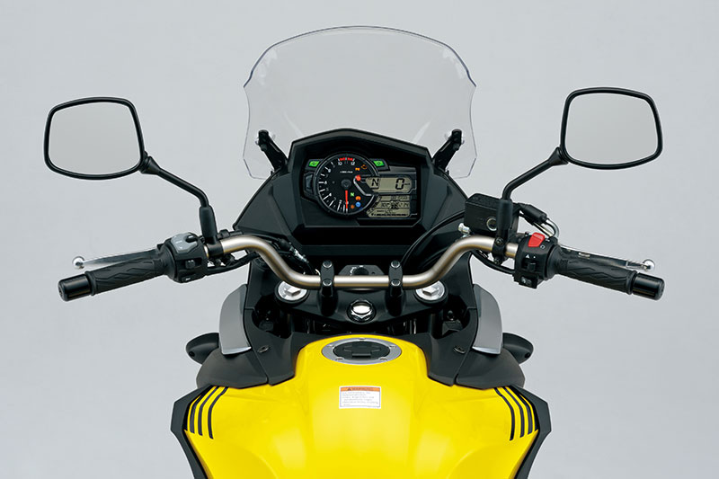 The 2017 Suzuki V-Strom 650 features a slimmer gas tank, a new instrument panel and a manually adjustable windscreen.