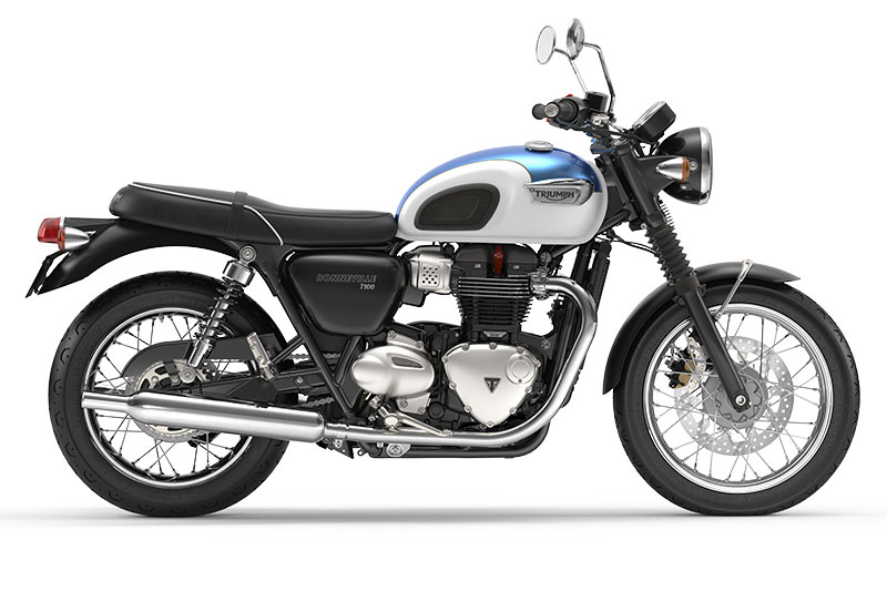 The 2017 Triumph Bonneville T100 is available in Aegean Blue and Fusion White (shown), Intense Orange and New England White, as well as Jet Black.