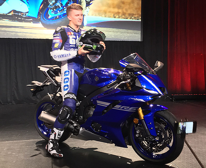 The global unveil of the 2017 Yamaha YZF-R6 took place at AIMExpo in Orlando, Florida, with the bike ridden on stage by factory racer Garrett Gerloff.
