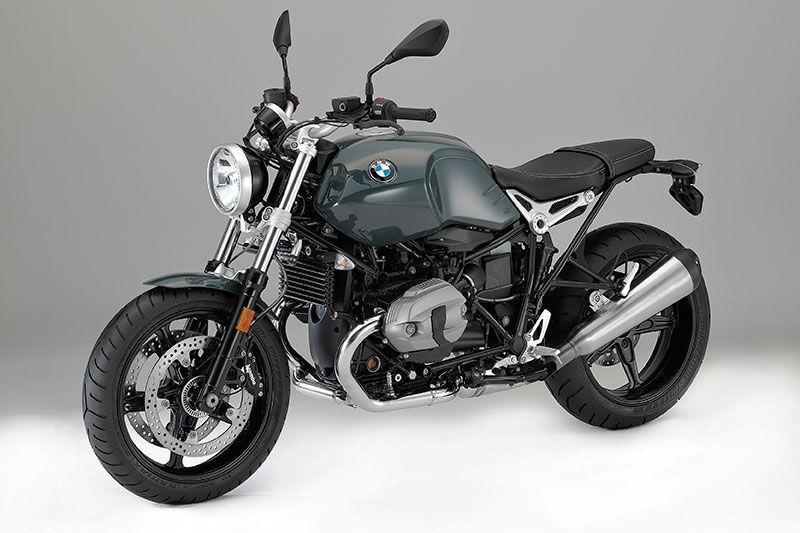 2017 BMW R nineT Pure in Catalano Grey non-metallic paint, a blacked-out drivetrain and brushed stainless exhaust.