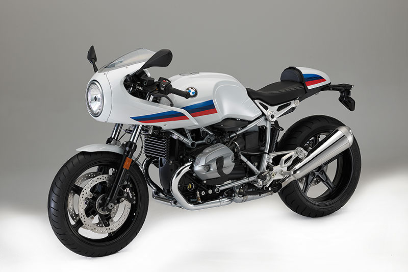 2017 BMW R nineT Pure in Lightwhite non-metallic paint with BMW Motorsports graphics, a blacked-out drivetrain and polished stainless exhaust.