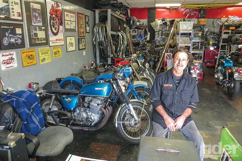 Kurt Winter’s shop in Chatsworth, California, is a compact space packed with a lifetime’s worth of motorcycle parts and memorabilia, primarily from older Hondas and British bikes. (Photos by the author)