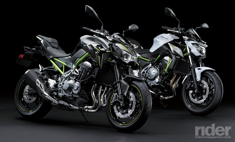 The 2017 Kawasaki Z900 ABS (left) and its smaller sibling, the Z650 ABS (right).