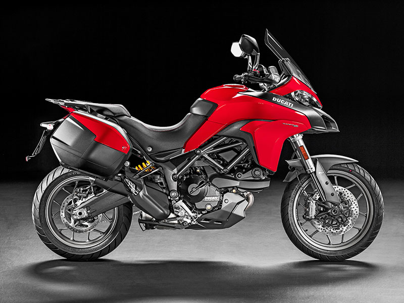 The 2017 Ducati Multistrada 950 is available with Sport, Touring, Urban and Enduro accessory packs. The Touring pack (above) adds saddlebags and a centerstand.