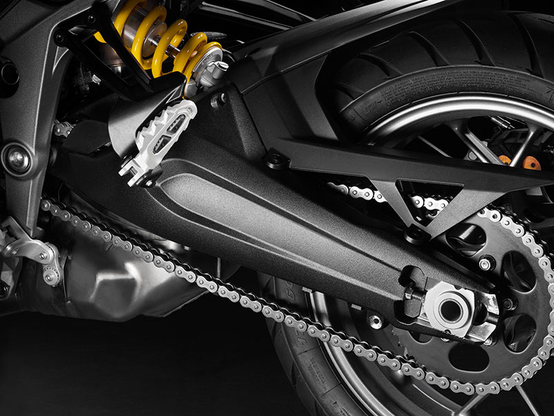 The 2017 Ducati Multistrada 950 has a cast aluminum, two-sided swingarm. The fully adjustable rear shock with remote preload adjustment is by Sachs.