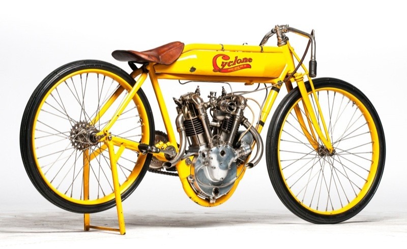 Most of the race bikes in that long-ago time (excepting Indian, of course) were in the same boat as Excelsior. Then this monster came along! The Cyclone was an almost science fiction-level bombshell of high-tech engineering, an all ball-bearing engine with bevel-driven overhead cams and more... eat your heart out, Ducati fans! This engine got attention! Sadly, it didn’t come to much on the track. Explosively fast, they usually exploded before the end of the race... mostly bad luck, and primitive metallurgy, not poor design. Fact is, once the Cyclone’s manufacturer (Joerns) faded from the scene, two other brands picked up where it left off. The OHC Reading Standard was an exact copy and Excelsior built an updated and improved version of their own to replace the Big Valve.