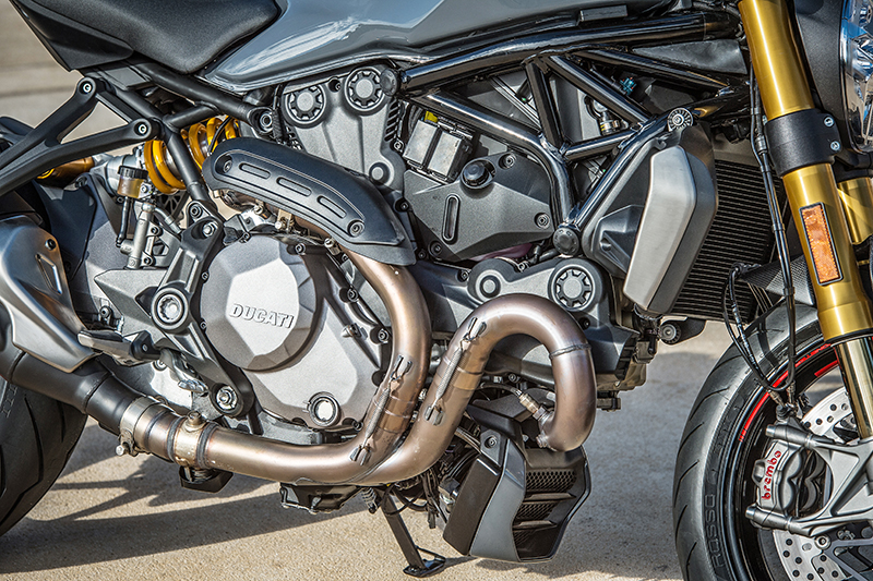 With new, higher-compression cylinder heads and larger oval throttle bodies, the Ducati Monster 1200 S makes 150 horsepower and 93 lb-ft of torque (claimed, at the crank).