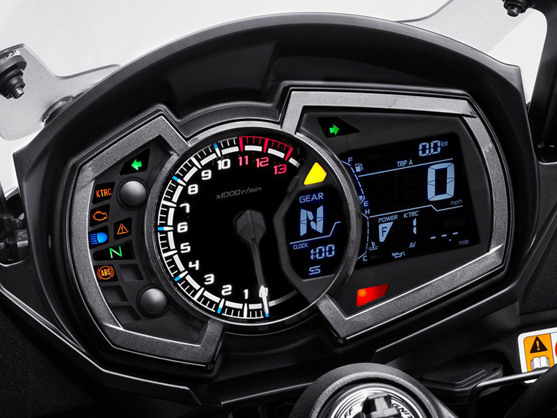 New instrumentation on the Kawasaki Ninja 1000 ABS includes an analog tachometer, a backlit LCD with a new gear position indicator and a shift light.