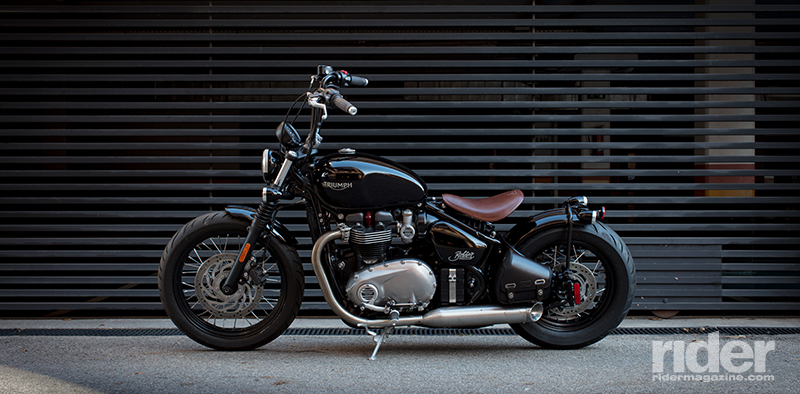 Triumph will offer two "Inspiration Kits" for the Bobber, meant to provide a turnkey custom solution. This one is called the Old School, and includes ape hangers and a brown leather seat.