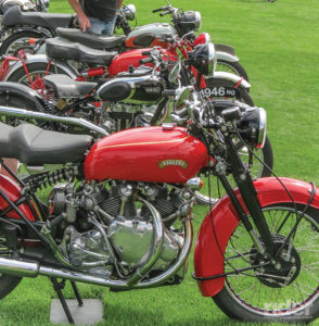 A row of shiny British bikes will always have an attentive audience; these used to be relatively inexpensive collectibles, but many prices, like with Vincents, have gone sky-high.