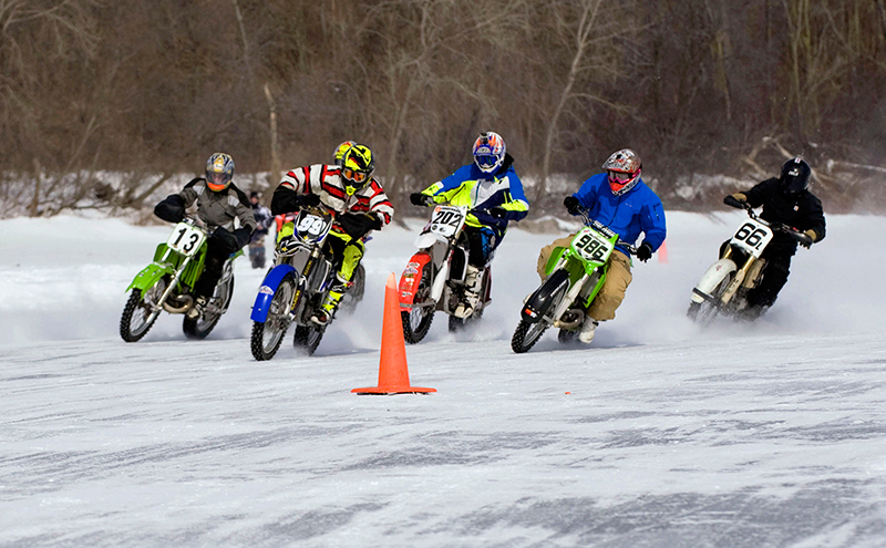 In the U.S. and Canada, ice racers typically use dirt bikes with knobby tires studded by hand, or dedicated ice racing studded tires by companies like Fredette Racing or Marcel Fournier. (Image courtesy of the American Motorcyclist Association)
