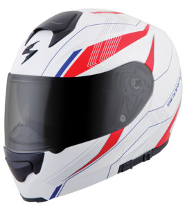 Scorpion EXO-GT3000 Modular Helmet in the Sync White graphic.