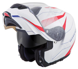 The Scorpion EXO-GT3000 with the chin bar opened and integrated sun shield down.