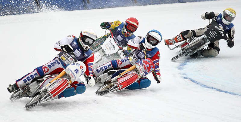 European ice racers ride 500cc Speedway bikes fitted with spiked tires, allowing them to reach incredible lean angles. (Image by Eisspeedway Journal)