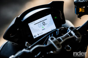 The 2017 Street Triple R and RS boast a full-color 5-inch TFT display, with three styles and two brightness settings. Here it is shown in High Contrast brightness mode.