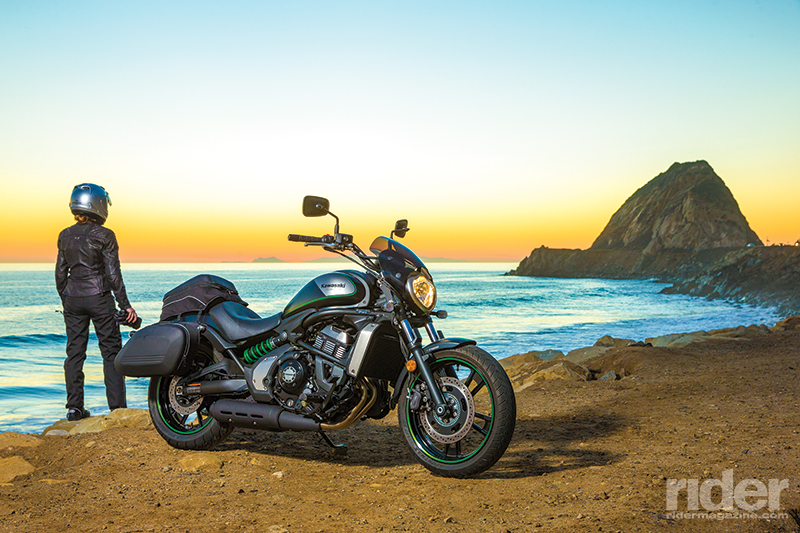 The Vulcan S Café is not your average cruiser. In fact, with its flyscreen, sportbike-derived engine, steel perimeter frame and single offset lay-down shock (with bright green spring), it's better described as a “café cruiser.” Inset: The lightweight, easy-to-ride Vulcan S Café will carry you—and your stuff— from café to canyon in style. (Photos by Kevin Wing)