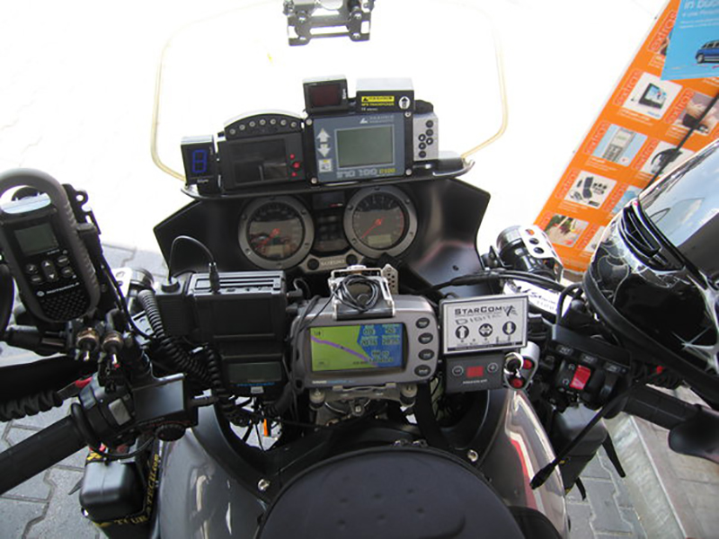 The cockpit of a Suzuki V-Strom with what might be considered "too many" farkles... 