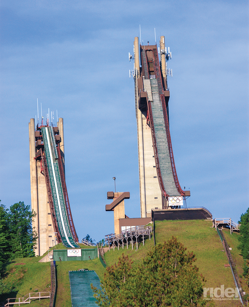 The Lake Placid Olympic ski jumps are easily viewed from River Road. An elevator to the observation deck of the 120-meter jump affords a panoramic view of the Adirondack High Peaks.