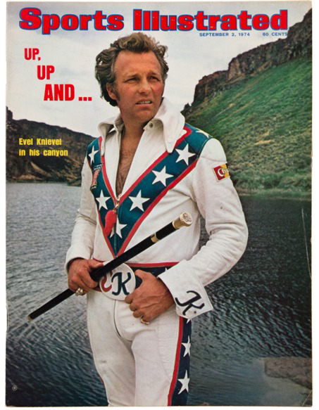Evel Knievel with his famous leathers and walking stick, on the cover of Sports Illustrated. Image courtesy of Heritage Auctions, HA.com.