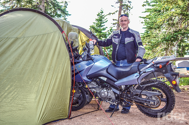 When staying somewhere more than one night, instead of my bivy sack I'd set up the Redverz Expedition tent, which provides shelter for me and my bike.