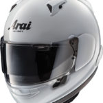 Arai Signet-X and Quantum-X Helmet Review Arai Quantum-X in Glass White, with Pro Shade in lowered position.