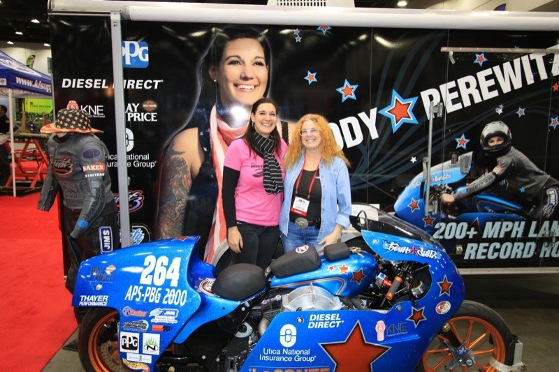 (L.–r.) Jody Perewitz and her bike that helped enable her to break Land Speed Racing records, along with the author