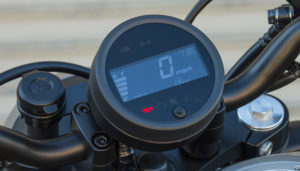 The small LCD display has fuel level and speed front-and-center, as well as a clock and odometer.