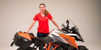 Jenny with the still-dripping wet KTM 1290 Super Duke GT at the Peterson Automotive Museum. Photo by James McKeone (@nobraking).
