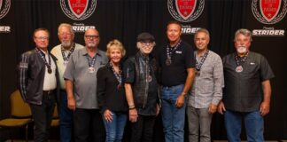 Hall of Fame inductees, (l.–r.) Rod "Woody" Woodruff, Jim Thiessen, Mike Taylor, Colleen Barnett-Taylor, Willie G. Davidson, Terry Vance, Cory Ness, Mark Shadley