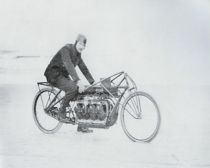 Glenn H. Curtiss on his V-8 motorcycle just before the record run.