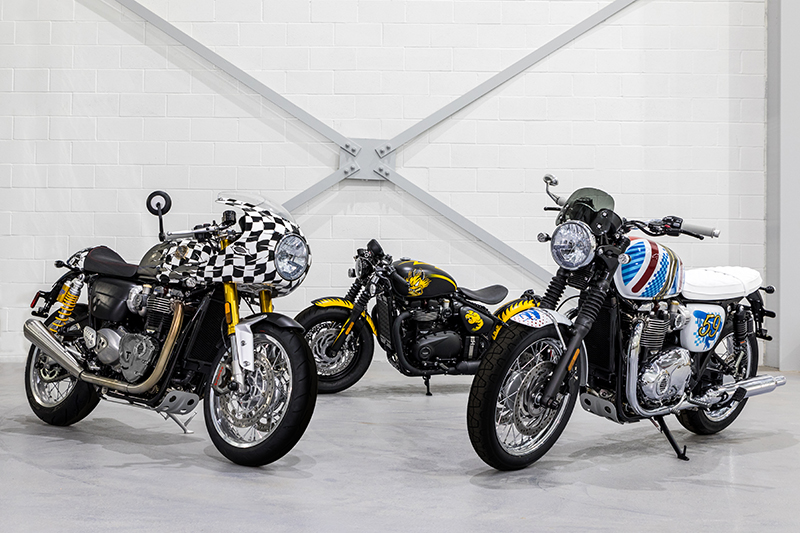 Triumph Bonnevilles customized by artist D*Face. From left: Thruxton R, Bobber and T120.