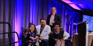 Milwaukee-based Harley-Davidson, Inc. was honored with a special award during the 2018 MDA Clinical Conference in Arlington, VA on Monday, to recognize the company’s fundraising efforts for MDA’s research program. Left to right: MDA National Ambassador Faith Fortenberry, Harley-Davidson Director of Government Affairs Ed Moreland, MDA President and CEO Lynn Vos and MDA National Ambassador Justin Moy.