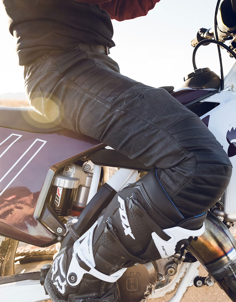 Atwyld X Lab pants are made of Cordura and cotton, with quilted leather panels with armor pockets at the knees and hips.