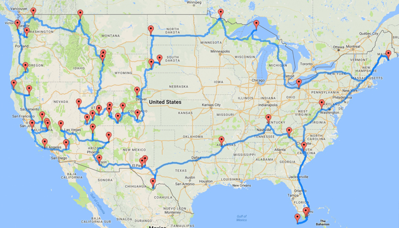 A map of the route taken by the author, covering all 47 U.S. national parks.