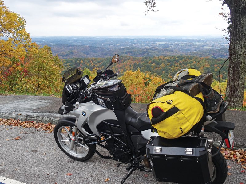 The author’s BMW F 650 GS parked at Foothills Parkway Overlook between Townsend and Chilhowee, Tennessee.