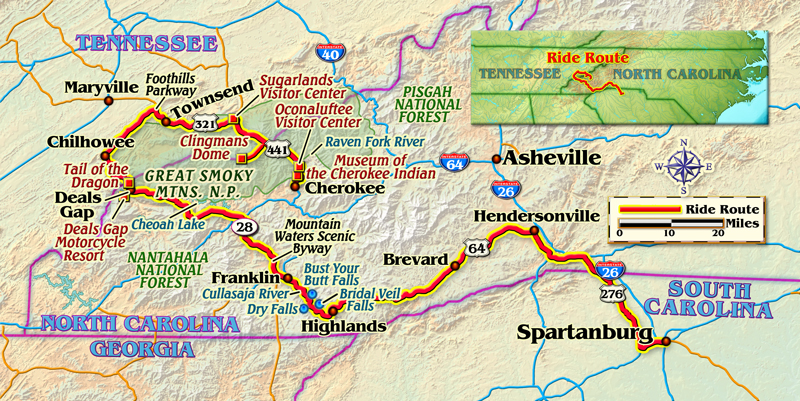 North Carolina Deals Gap Tail of the Dragon motorcycle ride map