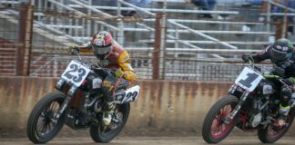 American Flat Track riders Jeffrey Carver Jr. and Jared Mees battle at the Springfield Mile
