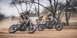 Harley-Davidson Factory Flat Track Team Dalton Gauthier, Bryan Smith, and Jarod Vanderkooi race into the American Flat Track Supertwins