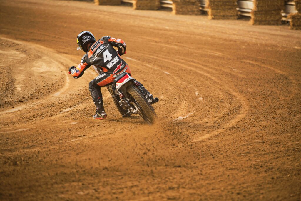 Western Reserve Motorcycle Club, founded in 1957, is an 80-acre motorsports facility in Salem, Ohio that’s famous for its flat track, motocross and woods/hare-scrambles courses, and was the perfect venue for Flat Track FITE Klub – especially with the excellent weather. Factory Harley-Davidson/Vance & Hines pilot Bryan Smith demonstrates.