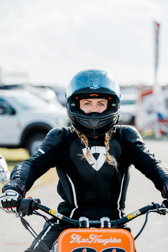 Malary Lee at the Daytona short track aboard the Royal Enfield for Build Train Race.