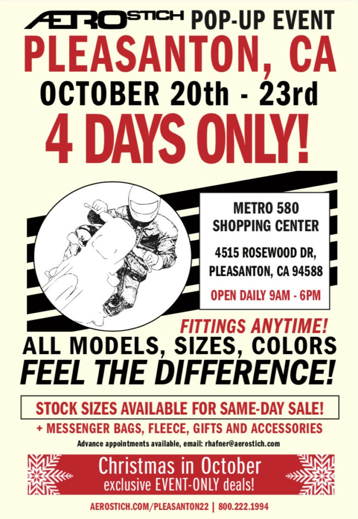 Pleasanton, CA, 20-23 Ekim’de Aerostich Pop-Up Etkinliği