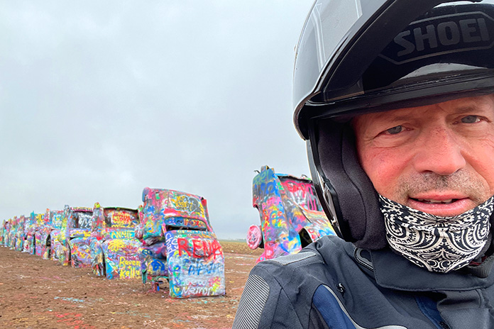 Cross-Country Motorcycle Trip Thad Wolff Cadillac Ranch Amarillo Texas