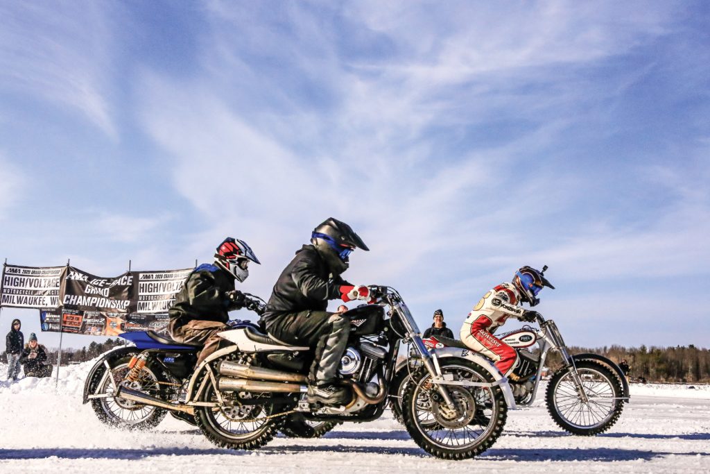 The hooligan class of Harleys take to the ice at the AMA-sanctioned High Voltage Motorcycle Ice Races.