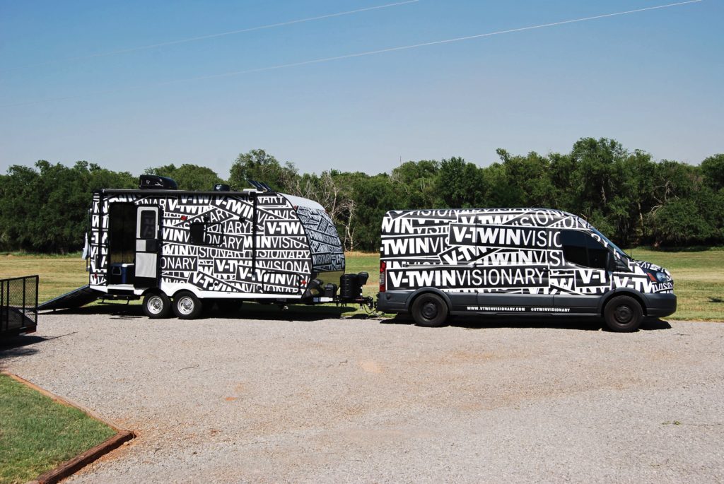 The V-Twin Visionary mobile in western Oklahoma. Eisinger slept in the toy hauler most nights.