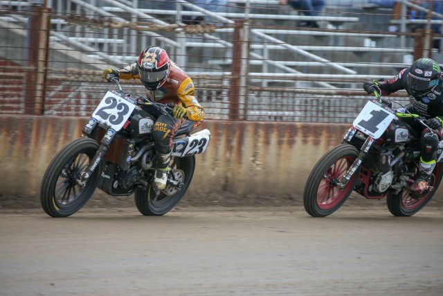 American Flat Track riders Jeffrey Carver Jr. and Jared Mees battle at the Springfield Mile
