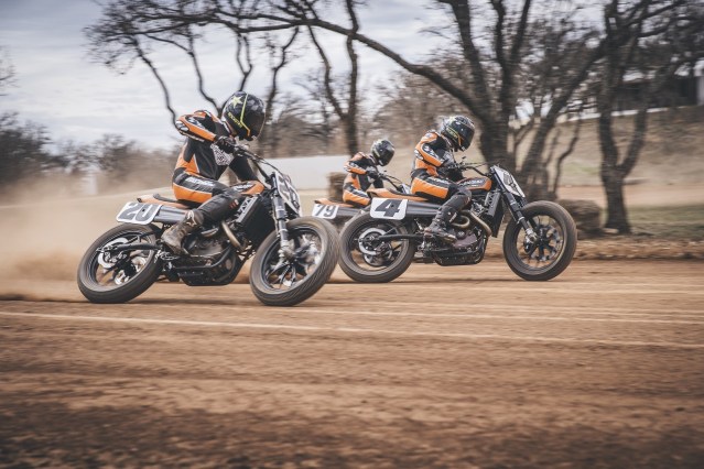 Harley-Davidson Factory Flat Track Team Dalton Gauthier, Bryan Smith, and Jarod Vanderkooi race into the American Flat Track Supertwins